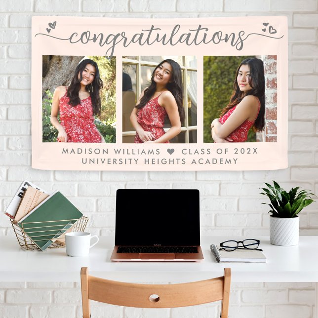 Blush Pink Graduation 3 Photo Modern Script Hearts Banner (Creator Uploaded)