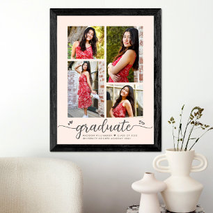 Blush Pink Graduation 4 Photo Grey Script Hearts Poster