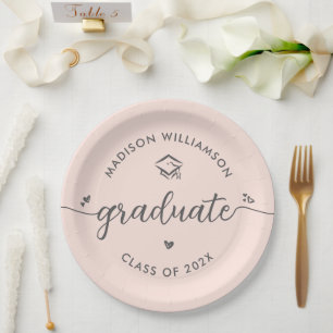 Blush Pink Graduation Gray Script Hearts Cap Bold Paper Plate