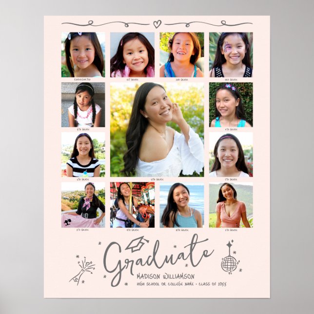 Blush Pink Graduation K–12 Photo Collage Doodles Poster (Front)