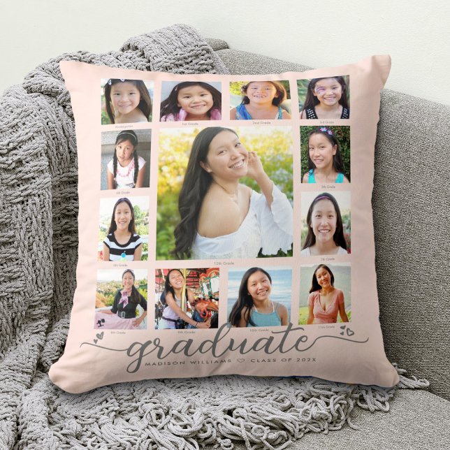 Blush Pink Graduation K–12 Photo Collage Script Cushion (Creator Uploaded)