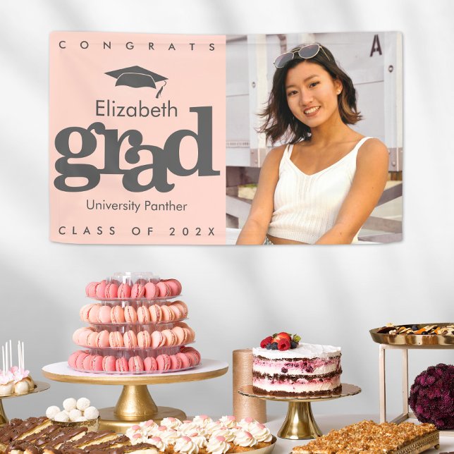 Blush pink graduation photo grey cap bold modern banner (Creator Uploaded)