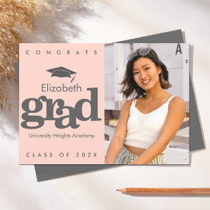 Blush pink graduation photo grey cap modern bold  announcement
