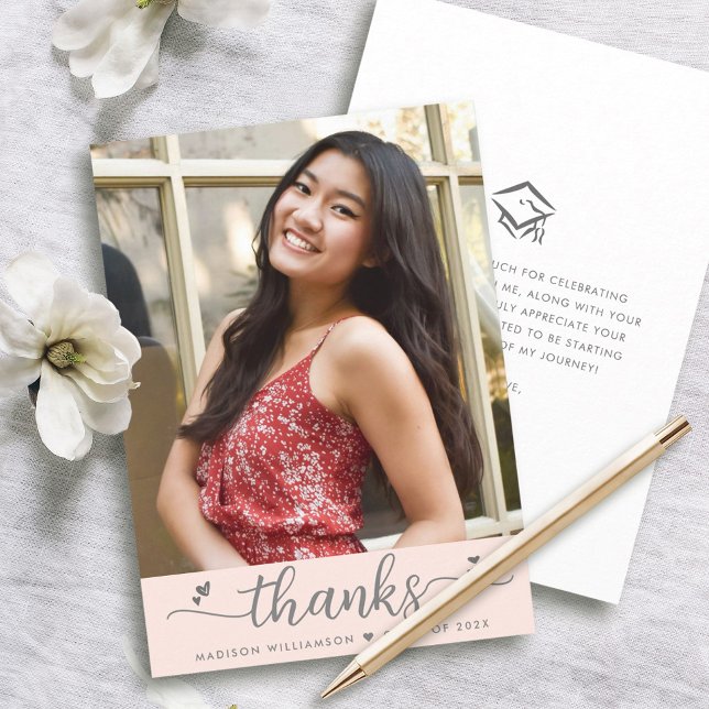 Blush Pink Graduation Photo Modern Script Hearts Thank You Card (Creator Uploaded)