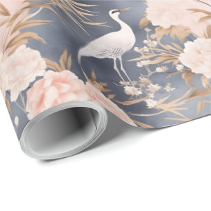 Blush Pink Gray Asian Floral Bird Wrapping Paper