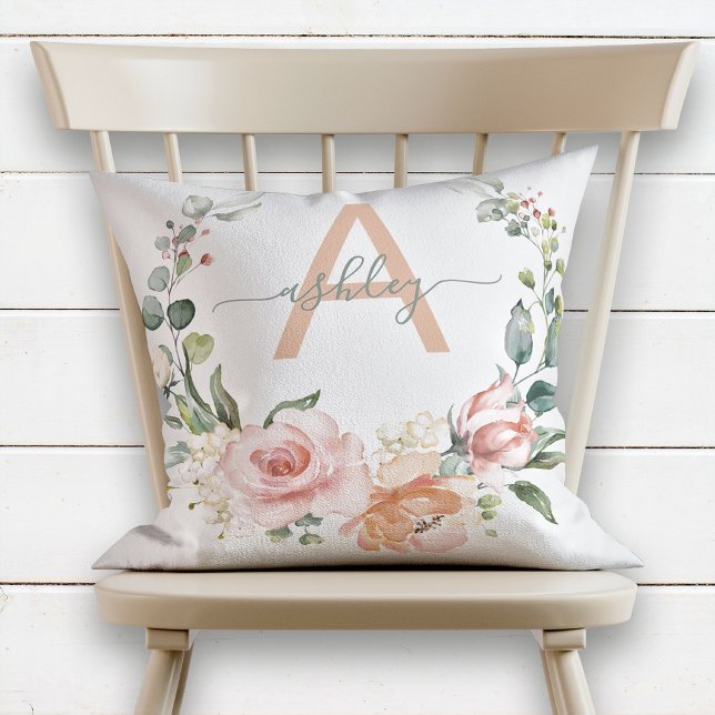 Blush Pink & Gray Floral Wreath Name Monogram Cushion (Creator Uploaded)
