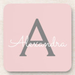 Blush Pink Gray Modern Script Girly Monogram Name Coaster<br><div class="desc">Blush Pink and Gray Simple Script Monogram Name Paper Coasters. This makes the perfect graduation,  birthday,  wedding,  bridal shower,  anniversary,  baby shower or bachelorette party gift for someone that loves glam luxury and chic styles.</div>