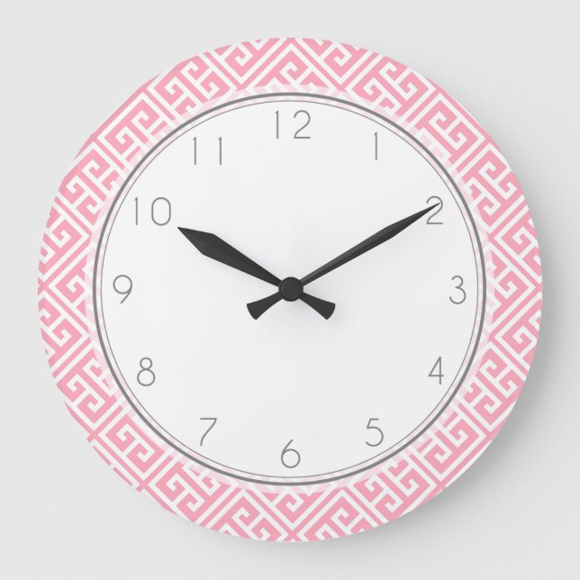 Blush Pink Greek Key Pattern Large Clock (Front)