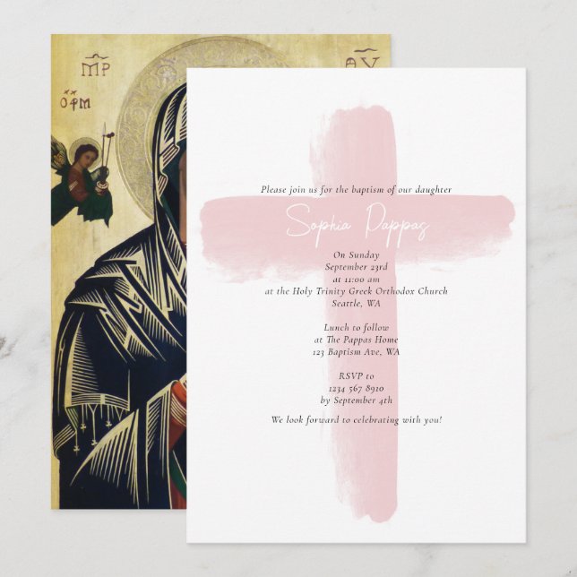 Blush Pink Greek Orthodox Christening Girl Baptism Invitation (Front/Back)