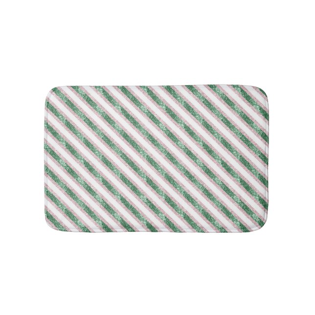 Blush Pink Green Glitter Stripes Christmas   Bath Mat (Front)