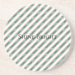 Blush Pink Green Glitter Stripes Christmas   Coaster