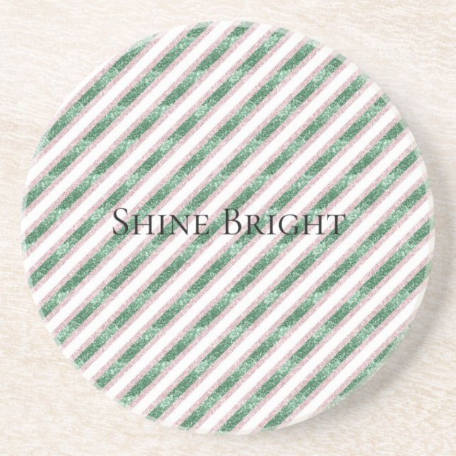 Blush Pink Green Glitter Stripes Christmas   Coaster (Front)