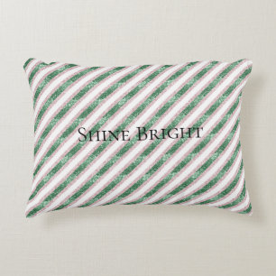 Blush Pink Green Glitter Stripes Christmas Decorative Cushion