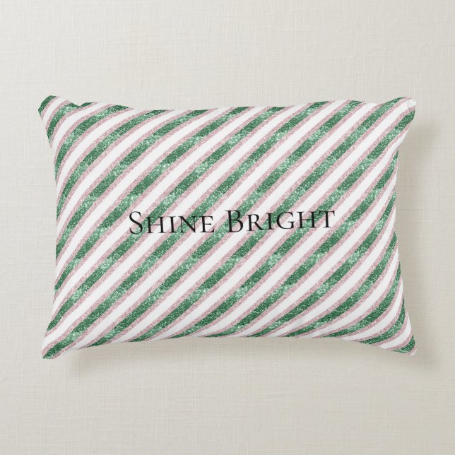 Blush Pink Green Glitter Stripes Christmas   Decorative Cushion (Front)