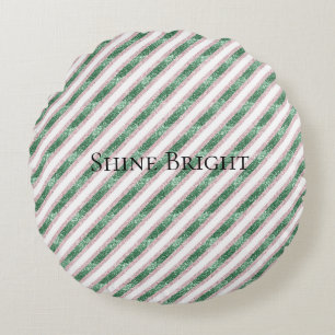 Blush Pink Green Glitter Stripes Christmas   Round Cushion