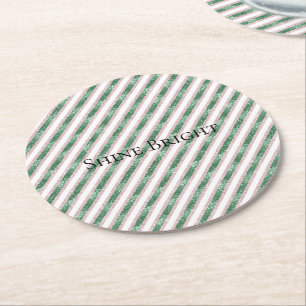 Blush Pink Green Glitter Stripes Christmas   Round Paper Coaster