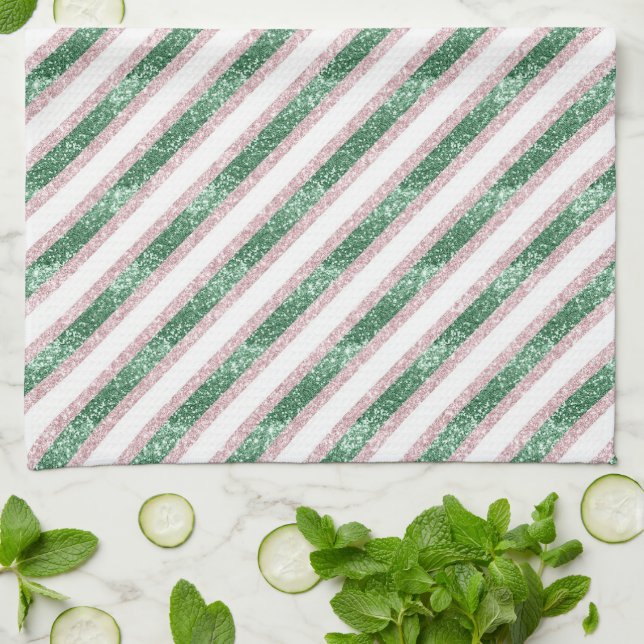 Blush Pink Green Glitter Stripes Christmas   Tea Towel (Folded)