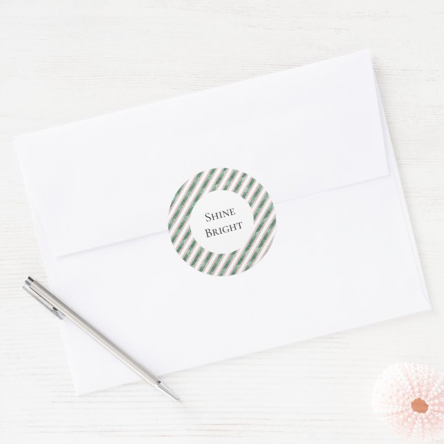 Blush Pink Green Glitter Stripes  Classic Round Sticker (Envelope)
