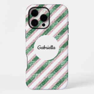 Blush Pink Green Glitter Stripes iPhone 16 Pro Max Case