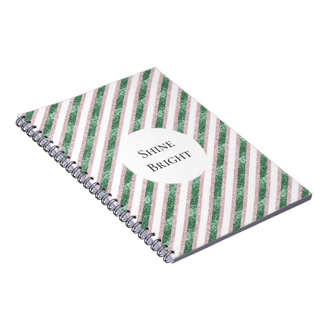 Blush Pink Green Glitter Stripes  Notebook (Right Side)