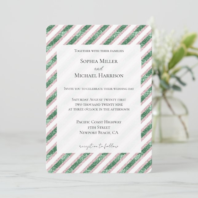 Blush Pink Green Glitzy Glam Chic Stripes Wedding Invitation (Standing Front)