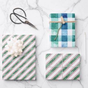 Blush Pink Green Glitzy Glitter Stripes Christmas Wrapping Paper Sheet