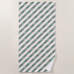 Blush Pink Green Glitzy Stripes Beach Towel