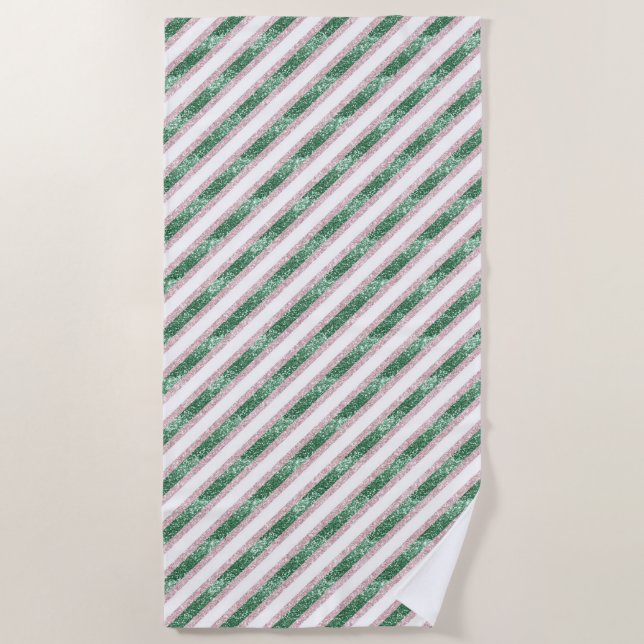 Blush Pink Green Glitzy Stripes   Beach Towel (Front)