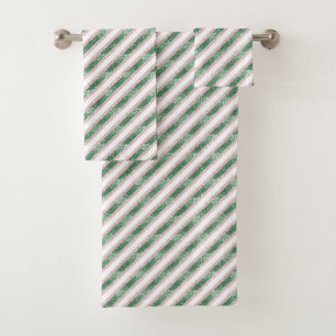 Blush Pink Green Glitzy Stripes Christmas Bath Towel Set