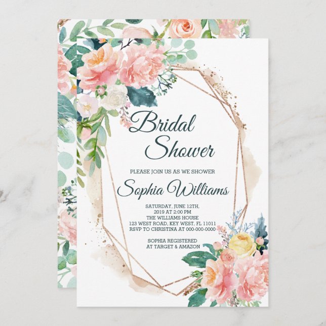 Blush Pink, Green & Gold Bridal Shower Invitation (Front/Back)