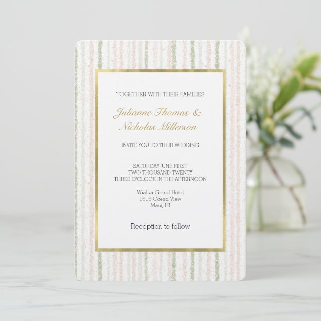 Blush Pink Green Stripes Wedding Invitation (Standing Front)