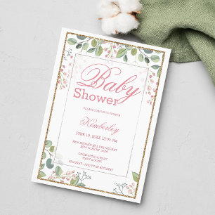 Blush pink green watercolor floral Baby Shower  Invitation