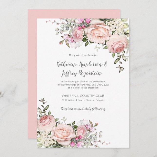 Blush Pink Green Watercolor Floral Wedding Invitat Invitation (Front/Back)