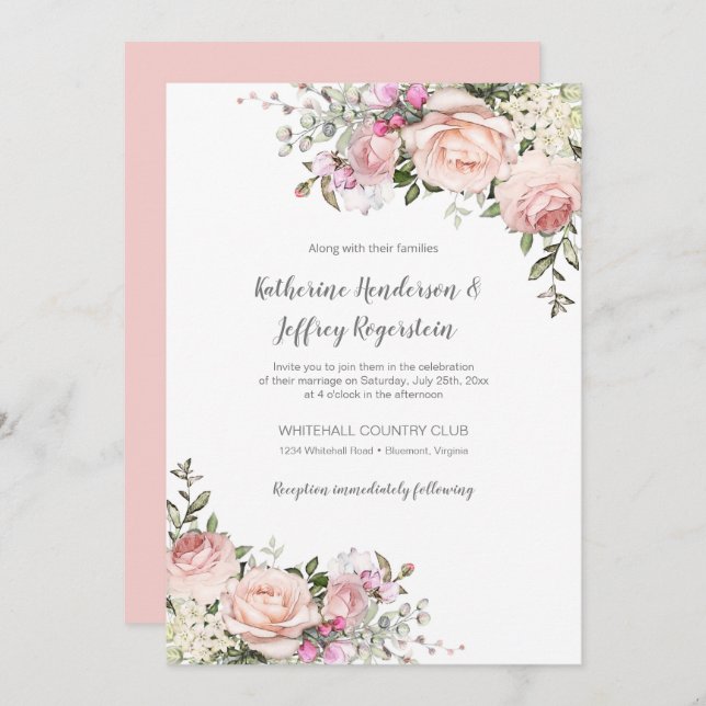 Blush Pink Green Watercolor Floral Wedding Invitat Invitation (Front/Back)