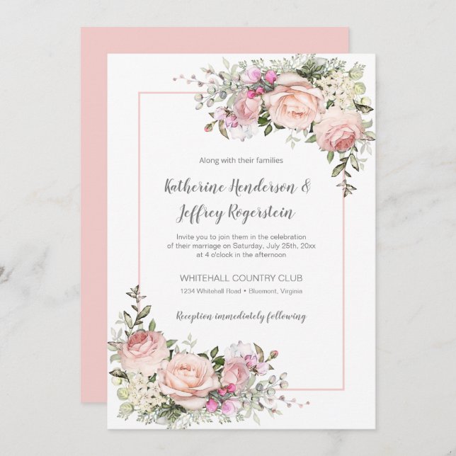 Blush Pink Green Watercolor Floral Wedding Invitation (Front/Back)