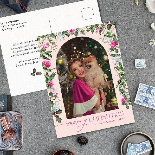 Blush Pink Greenery Arch Christmas Photo Holiday Postcard (Creator Uploaded)