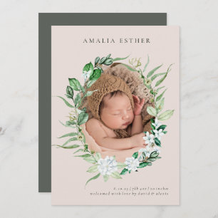 Blush Pink & Greenery Baby Girl Birth Announcement
