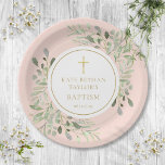 Blush Pink Greenery Baptism Christening Paper Plate<br><div class="desc">Featuring delicate watercolor leaves and an elegant gold crucifix,  this chic baptism or christening plate can be personalised with your special event information on a blush pink background. Designed by Thisisnotme©</div>