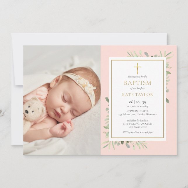 Blush Pink Greenery Baptism Christening Photo Invitation (Front)