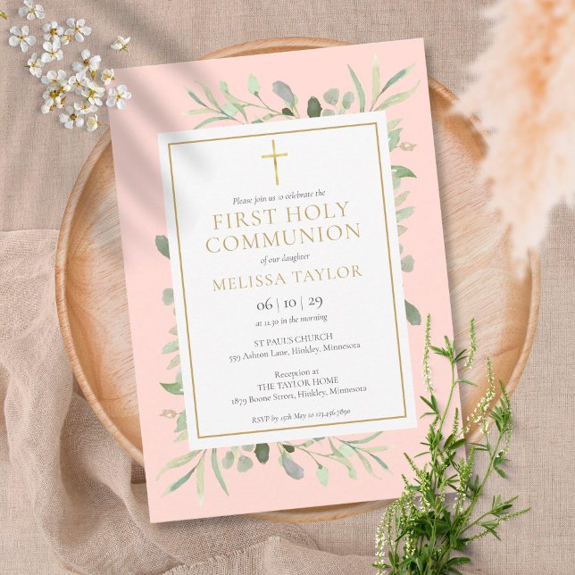 Blush Pink Greenery First Holy Communion Invitation (Creator Uploaded)