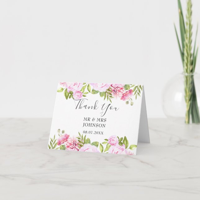 Blush Pink Greenery Floral Wedding Thank You Card (Front)