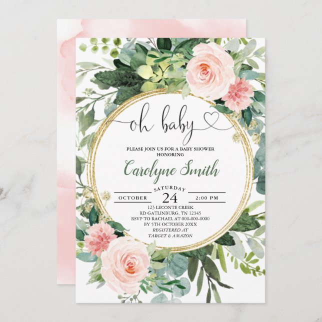 Blush Pink Greenery Oh Baby Girl Baby Shower Invitation (Front/Back)
