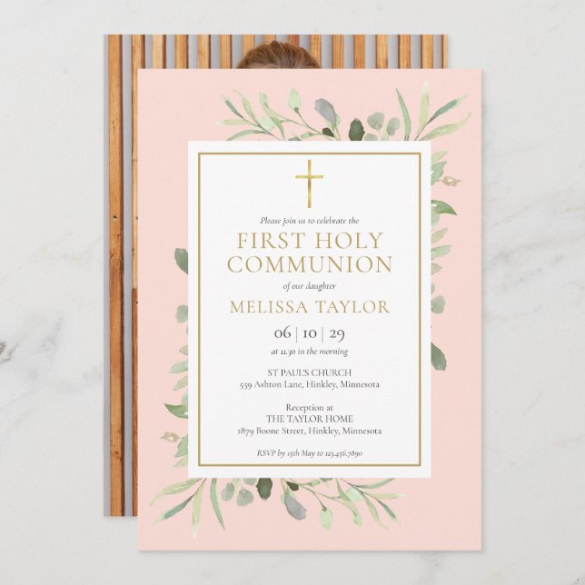Blush Pink Greenery Photo First Holy Communion Invitation (Front/Back)