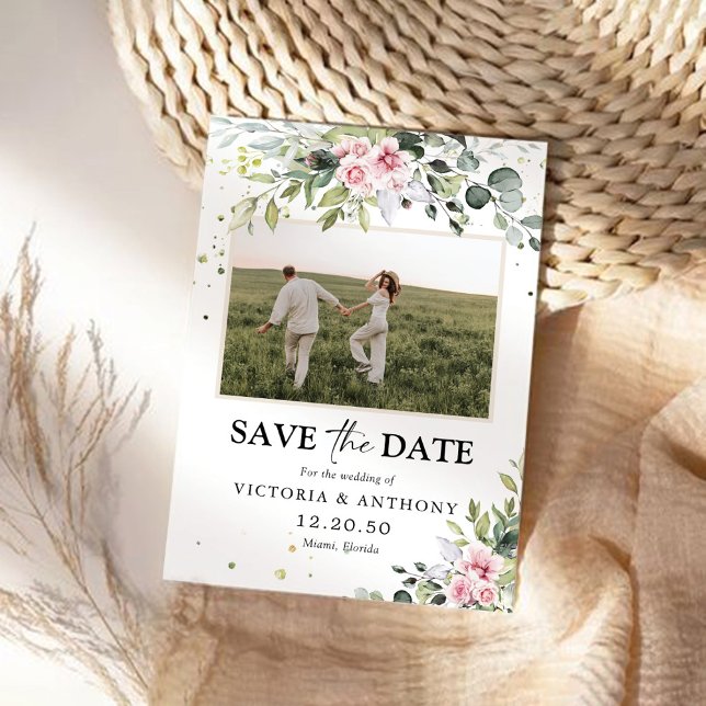 Blush Pink Greenery Save The Date with Photo Card (Creator Uploaded)