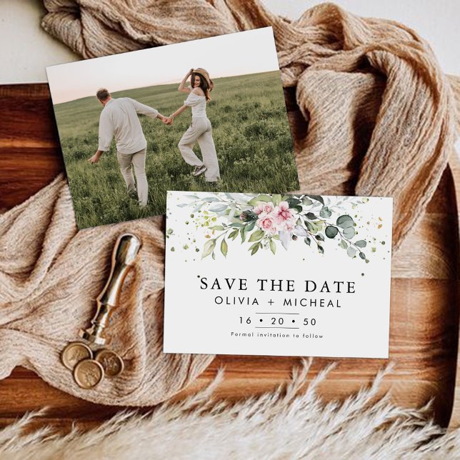 Blush Pink Greenery Save The Date with Photo Card (Creator Uploaded)