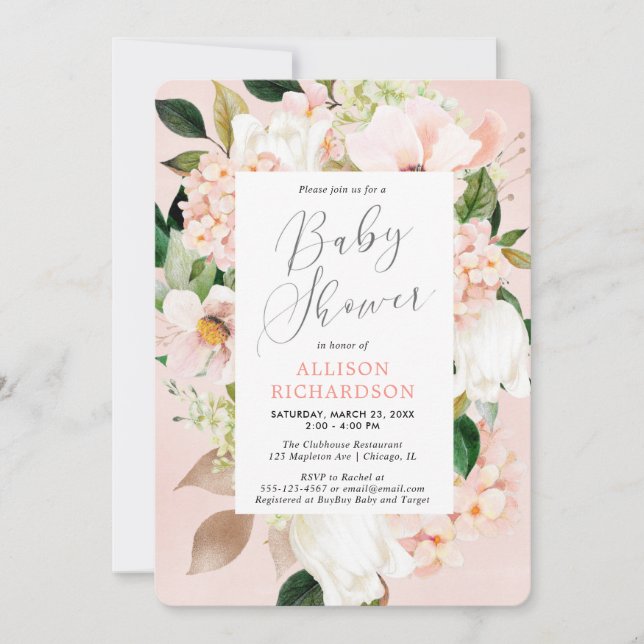 Blush pink greenery spring floral girl baby shower invitation (Front)