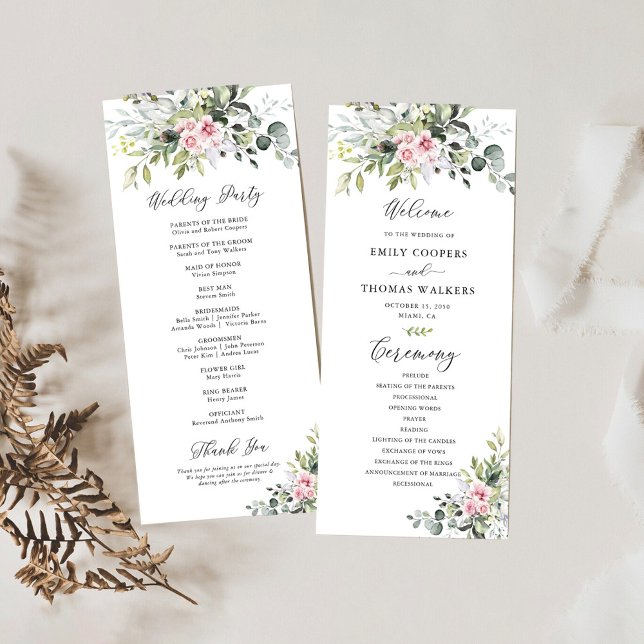 Blush Pink Greenery Wedding Program Programme (Creator Uploaded)