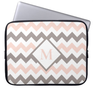 Blush Pink Grey Chevron Pattern Monogram Laptop Sleeve