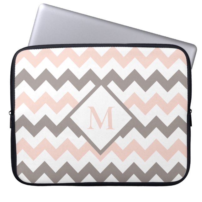 Blush Pink Grey Chevron Pattern Monogram Laptop Sleeve (Front)