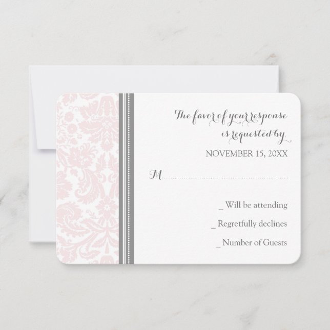 Blush Pink Grey Damask RSVP Wedding Card (Front)